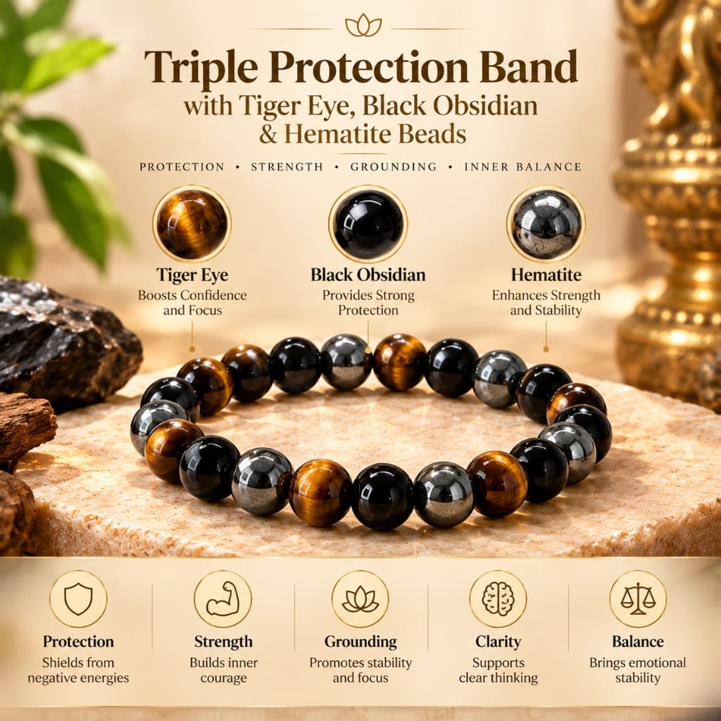 Triple Protection Band with Tiger Eye, Black Obsidian & Hematite Beads