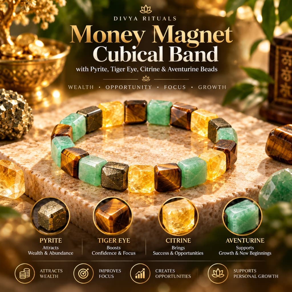 Money Magnet Cubical Band with Pyrite, Tiger Eye, Citrine & Aventurine Beads