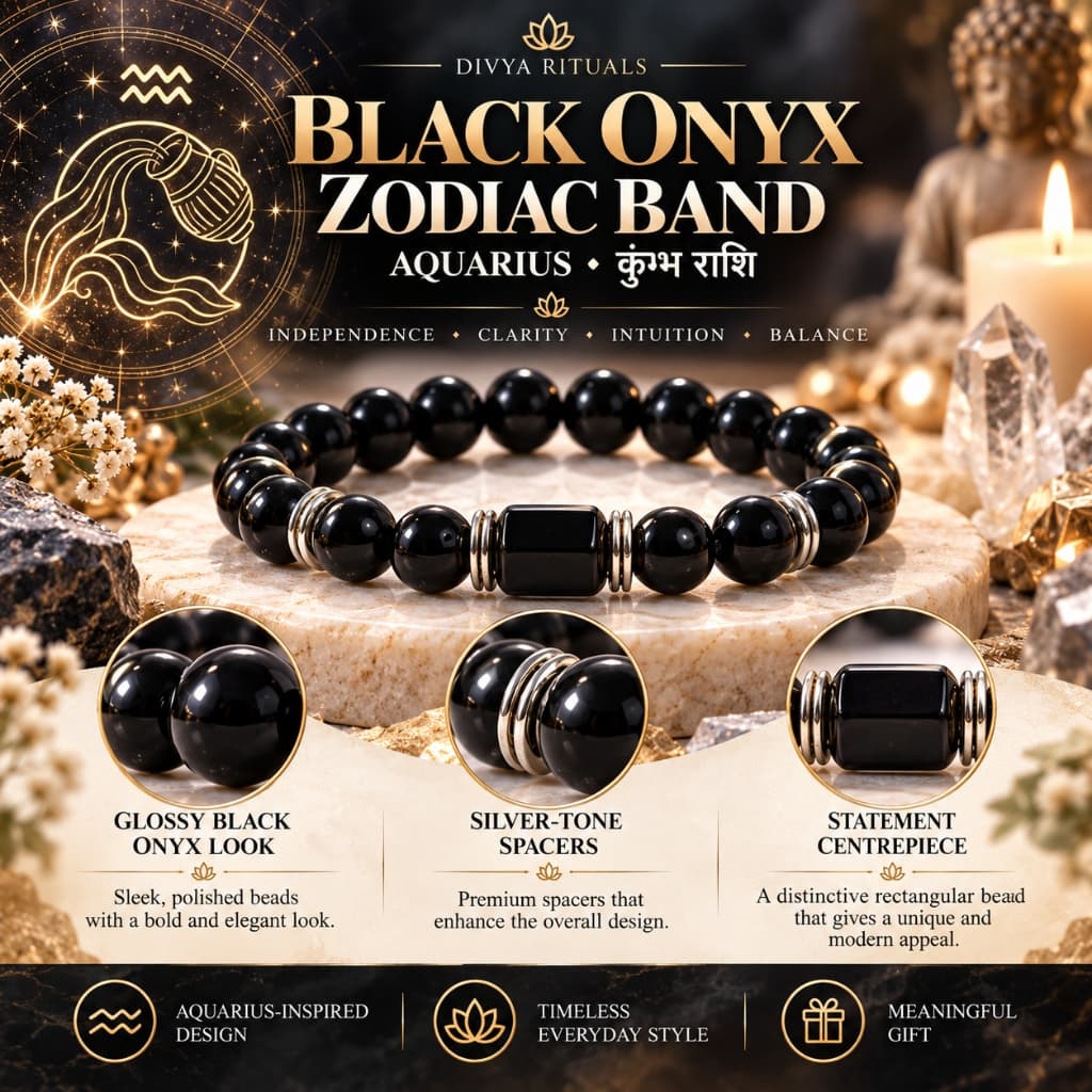 Black Onyx Zodiac Band – Aquarius (कुंभ राशि)