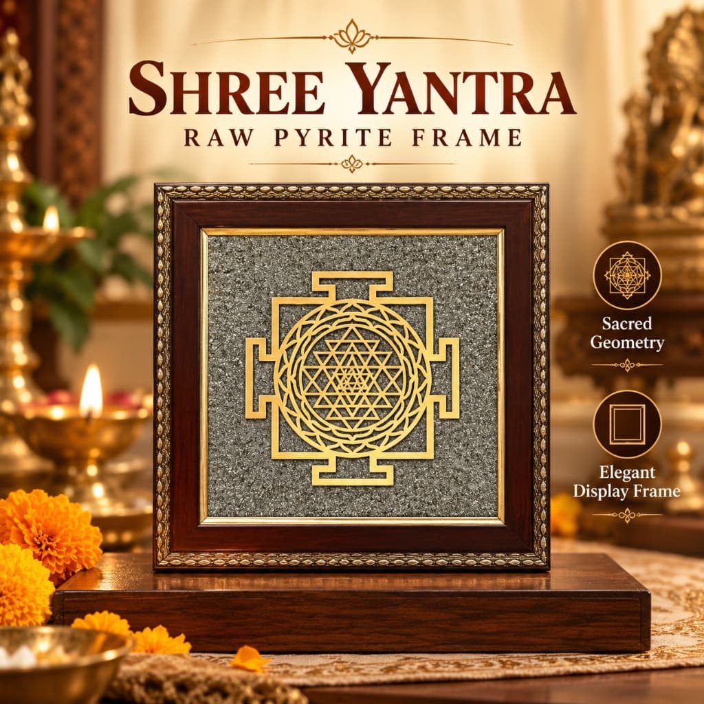 Shree Yantra Raw Pyrite Frame for Wealth Manifestation – Natural Crystalline Bed (15x15 cm)
