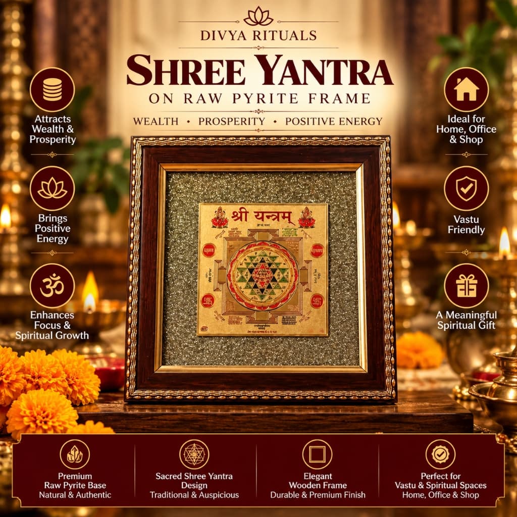 Shree Yantra on Raw Pyrite Frame – Traditional Gold Plate on Natural Pyrite Bed (15x15 cm)