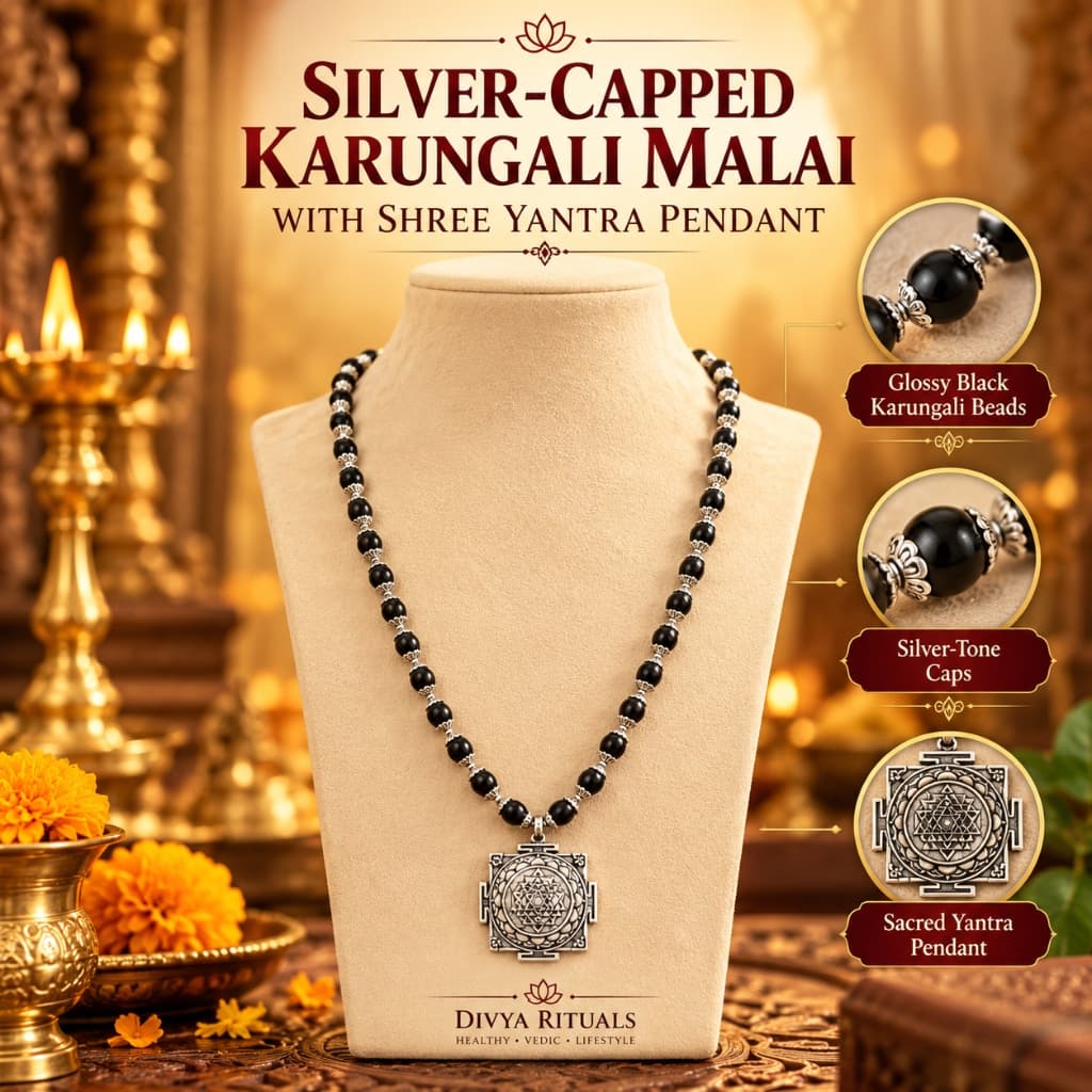 Silver-Capped Karungali Malai with Shree Yantra Pendant – Consecrated Ebony Beads