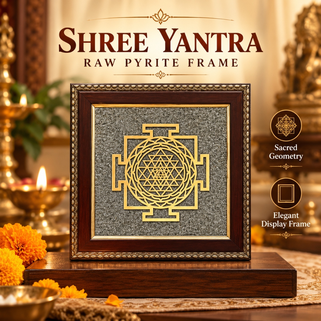 Shree Yantra Raw Pyrite Frame for Wealth Manifestation – Natural Crystalline Bed (15x15 cm)